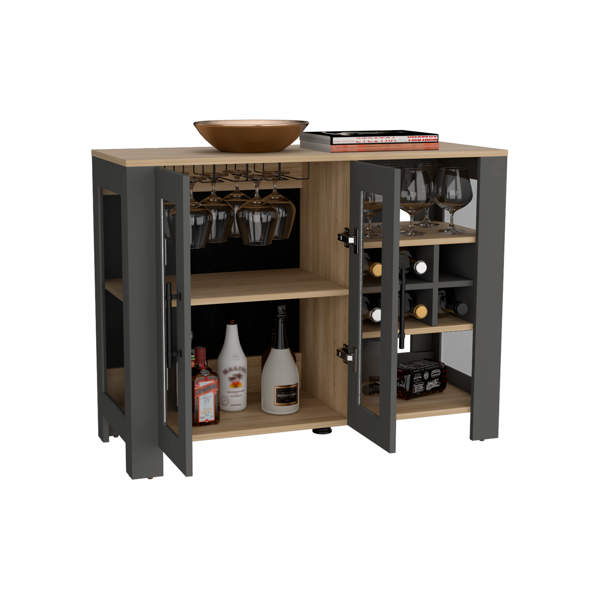 Bar Bajo Berkley Plomo y Fresno Europeo 100x77cm con Ocho Portacopas y Seis Portabotellas - BARES | Bylmo