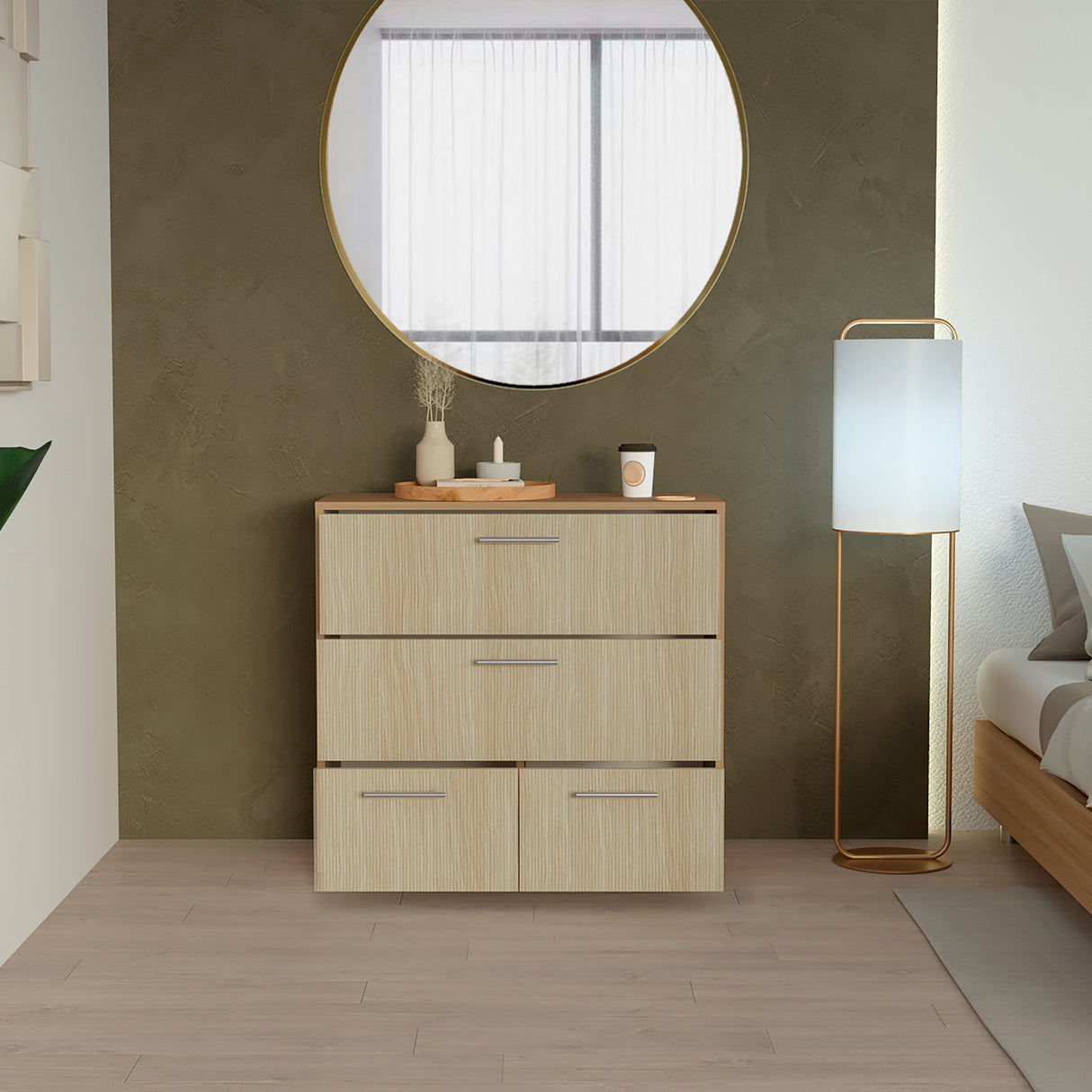 Cajonera Sevilla Fresno Europeo y Blanco 80x75cm De Tres Hileras con Cuatro Cajones - CAJONERAS Y COMODAS | Bylmo