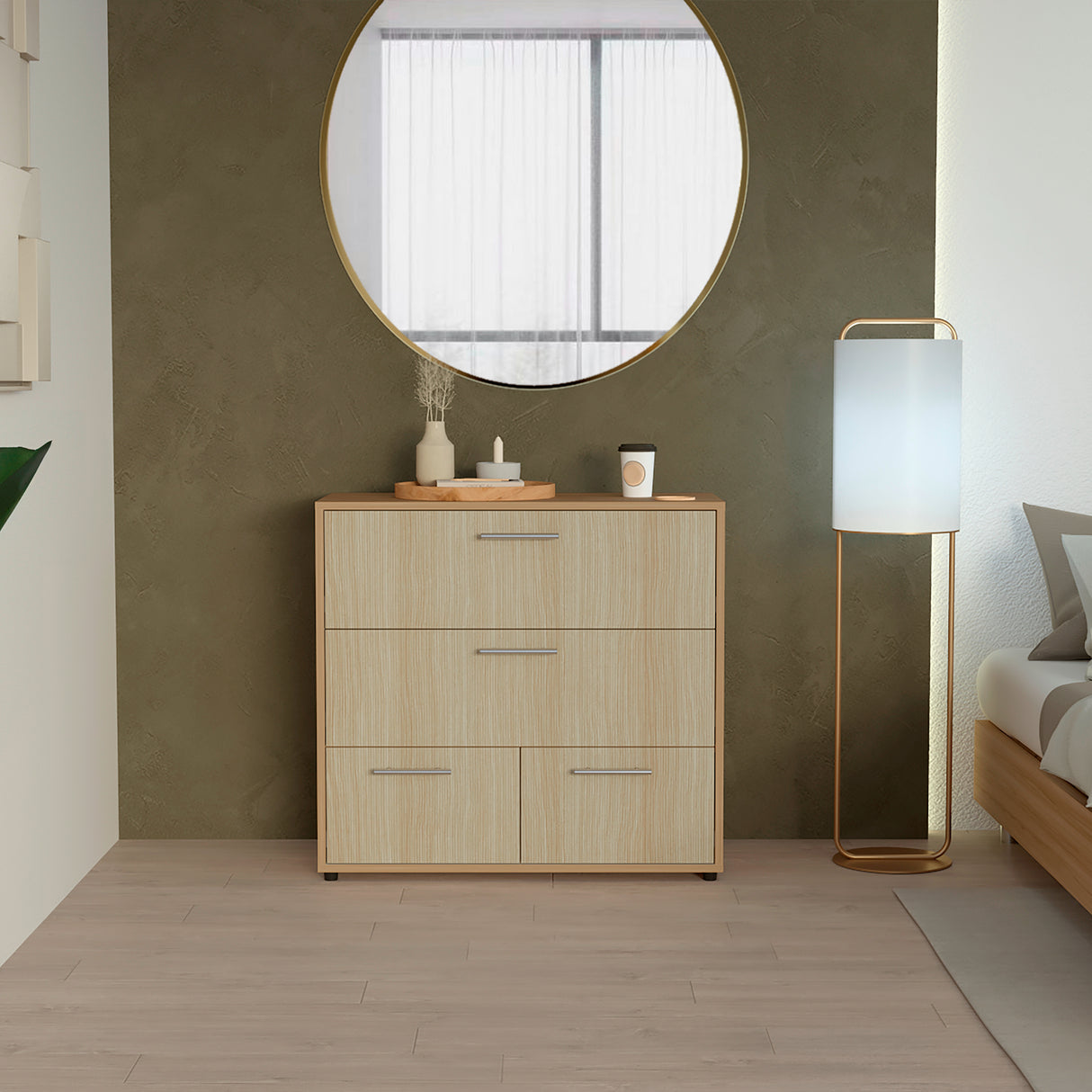 Cajonera Sevilla Fresno Europeo y Blanco 80x75cm De Tres Hileras con Cuatro Cajones - CAJONERAS Y COMODAS | Bylmo