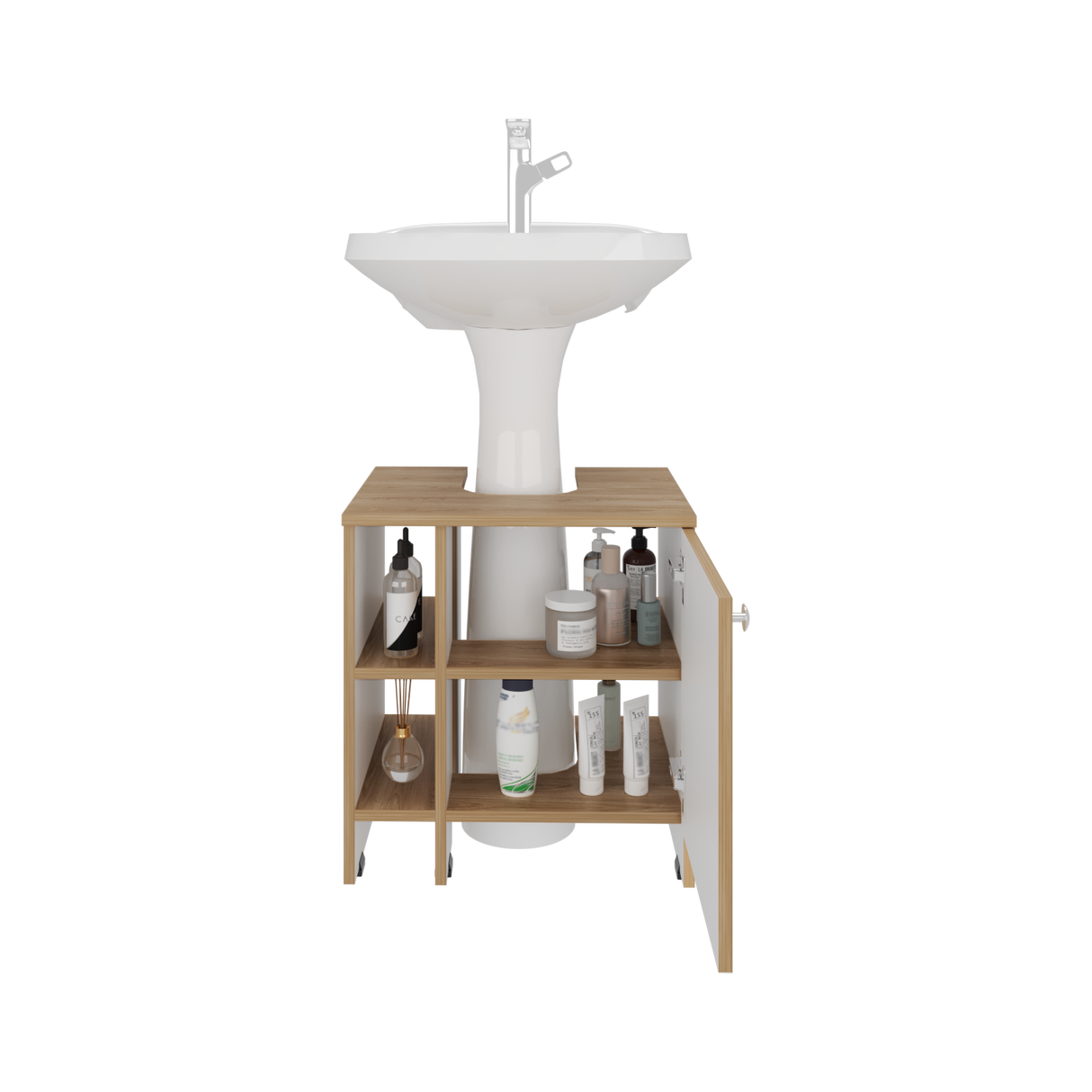 Mueble para Lavamanos Basic Fresno Europeo y Blanco 47x50.5cm con Patas y Una Puerta - MUEBLES PARA LAVAMANOS | Bylmo