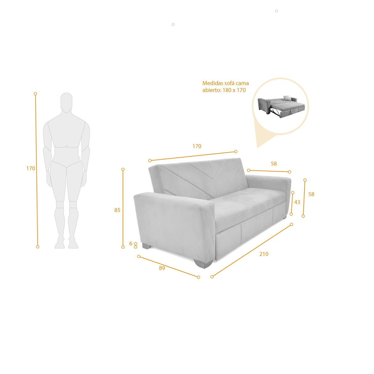 Sofá Cama Vancouver Plata 210x85cm de Tres Puestos Reclinable con Apoya Brazos Resistente a Rasguños - SOFAS Y POLTRONAS | Bylmo