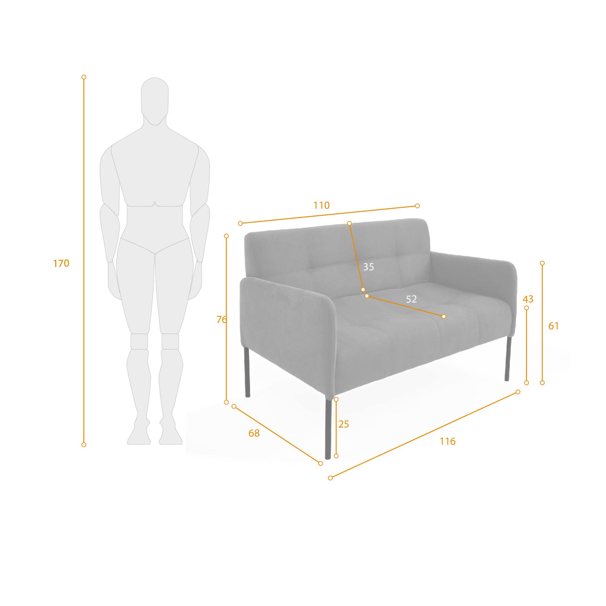 Sofá Marie Mostaza 116x76cm de Dos Puestos con Apoya Brazos Resistente a Rasguños - SOFAS Y POLTRONAS | Bylmo