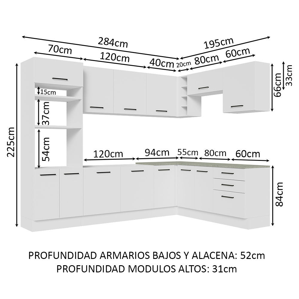 Cocina Integral Agata Blanco 479x225cm sin Mesón y sin Estufa - COCINAS | Bylmo