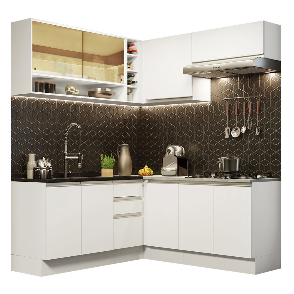 Cocina Integral Esquinero Glamy Blanco 349x225cm sin Mesón con Tres Cajones y sin Estufa - COCINAS | Bylmo