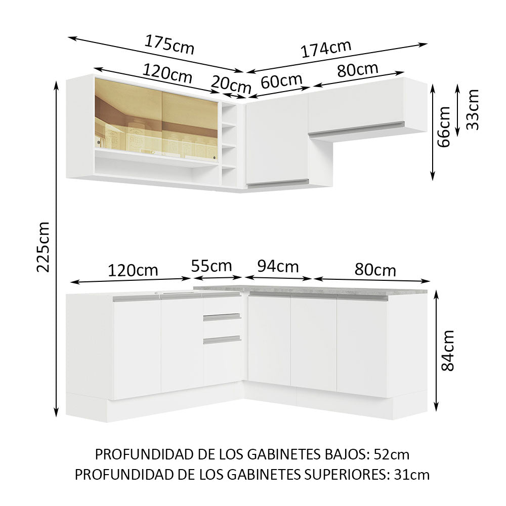 Cocina Integral Esquinero Glamy Blanco 349x225cm sin Mesón con Tres Cajones y sin Estufa - COCINAS | Bylmo