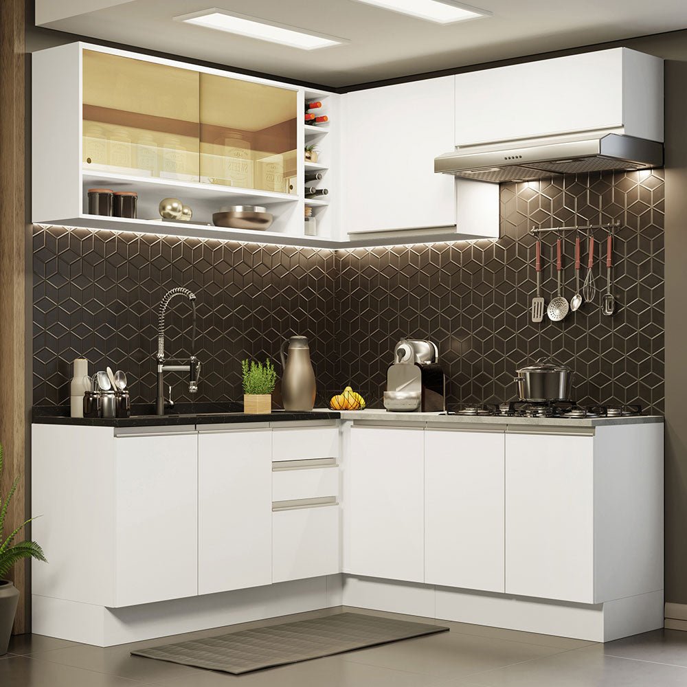 Cocina Integral Esquinero Glamy Blanco 349x225cm sin Mesón con Tres Cajones y sin Estufa - COCINAS | Bylmo