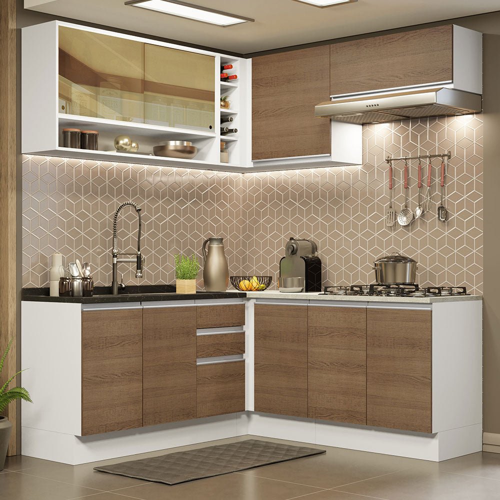 Cocina Integral Glamy Marron 349x225cm sin Mesón con Cuatro Muebles Superiores y sin Estufa - COCINAS | Bylmo