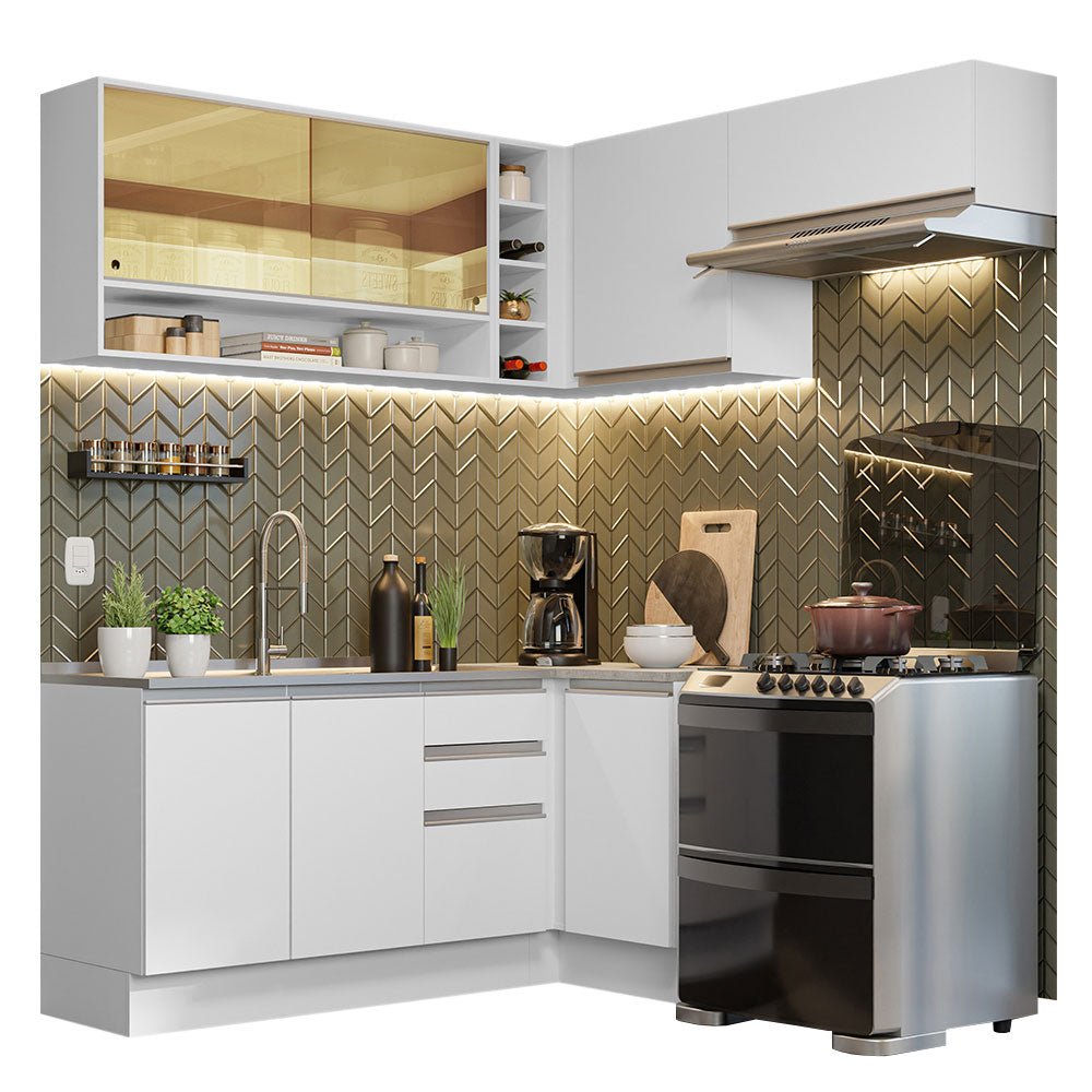 Cocina Integral Esquinero Glamy Blanco 349x225cm sin Mesón con Catorce Entrepaños y sin Estufa - COCINAS | Bylmo