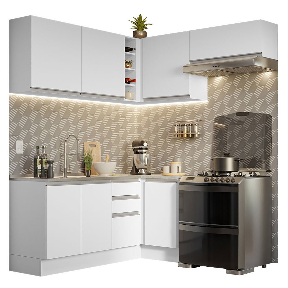 Cocina Integral Esquinero Glamy Blanco 349x225cm sin Mesón con Quince Entrepaños y sin Estufa - COCINAS | Bylmo