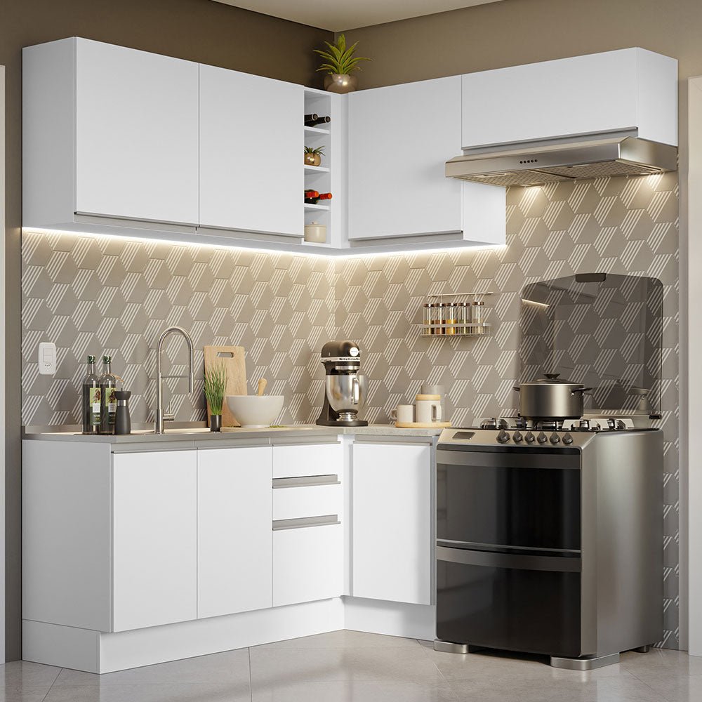 Cocina Integral Esquinero Glamy Blanco 349x225cm sin Mesón con Quince Entrepaños y sin Estufa - COCINAS | Bylmo
