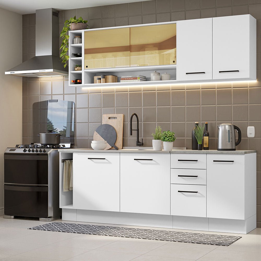 Cocina Integral Agata Da Themis Blanco 220x225cm con Mesón de Madera y sin Estufa - COCINAS | Bylmo