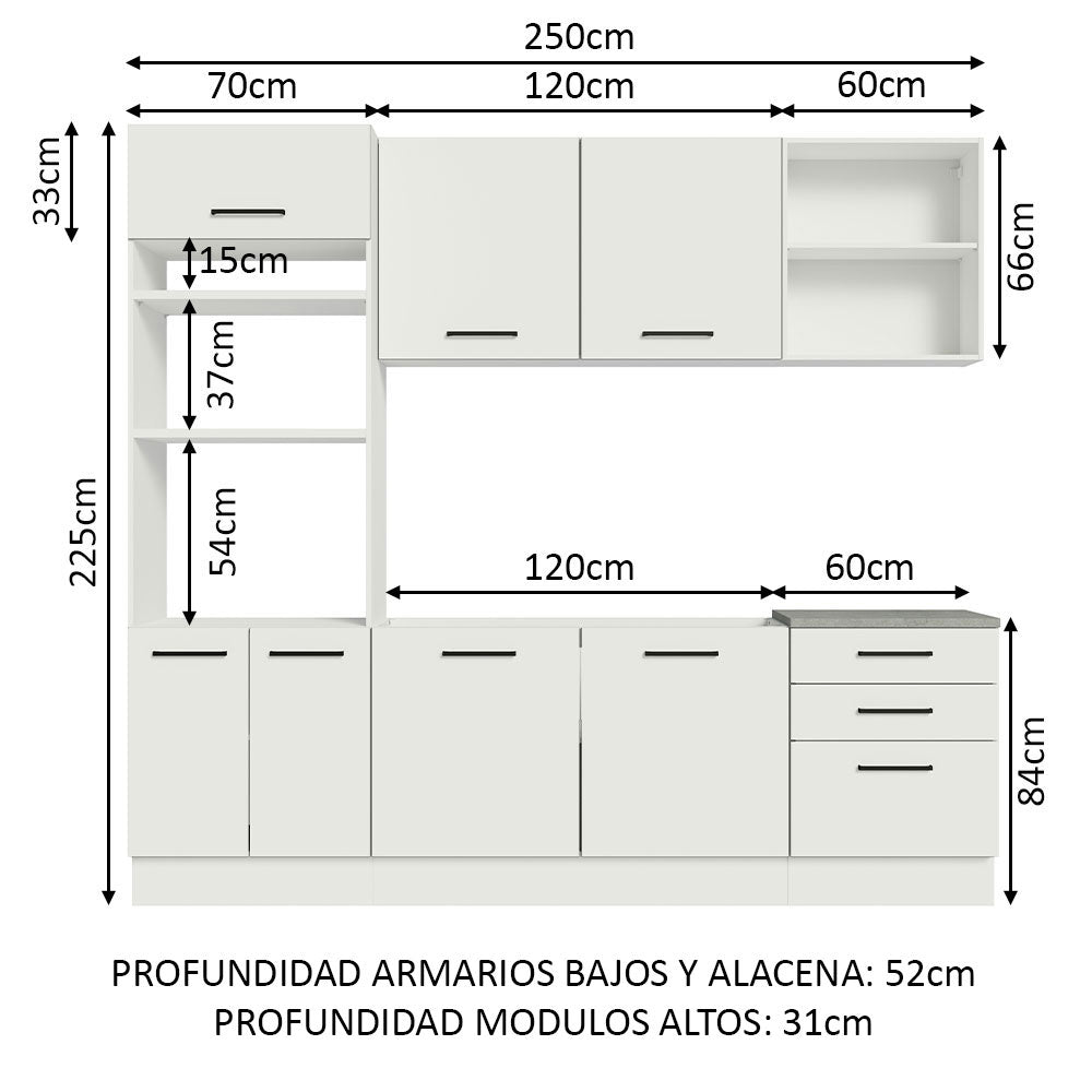 Cocina Integral Agata Blanco 250x225cm sin Mesón y sin Estufa - COCINAS | Bylmo