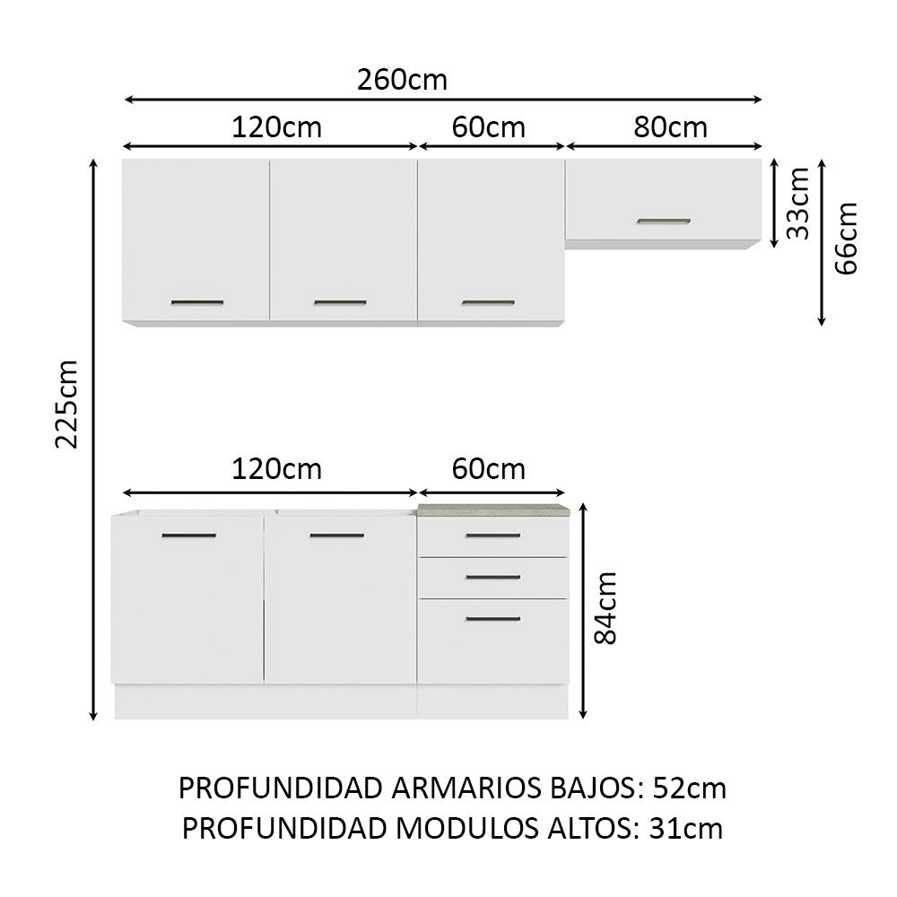 Cocina Integral Agata Blanco 260x225cm sin Mesón y sin Estufa - COCINAS | Bylmo