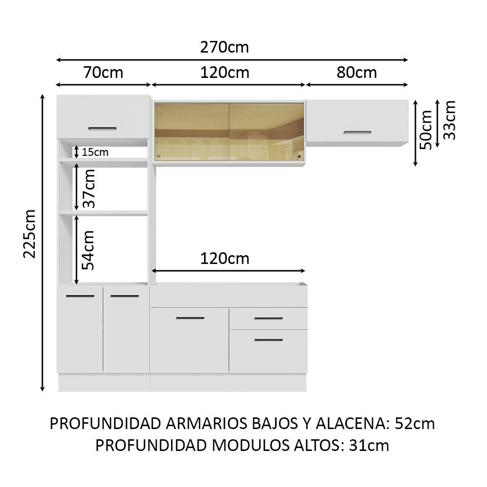 Cocina Integral Agata Blanco 270x225cm sin Mesón con Un Mueble para Horno y sin Estufa - COCINAS | Bylmo