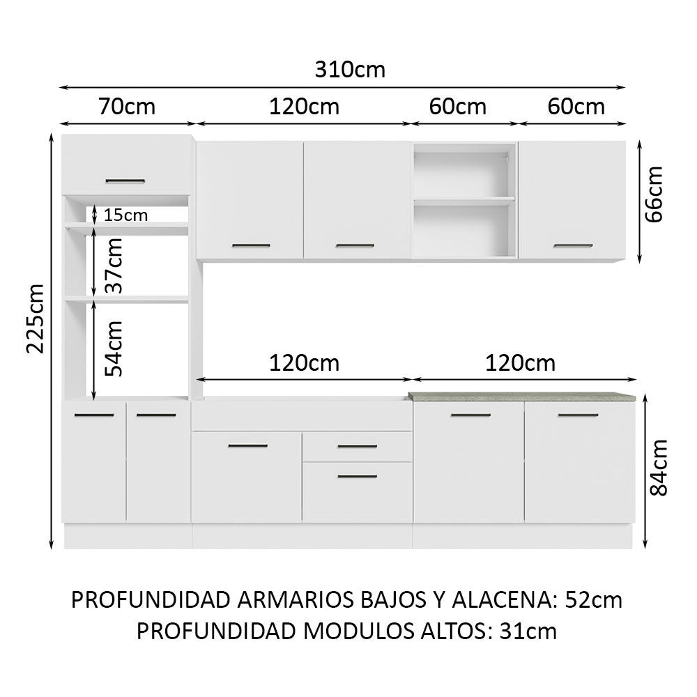 Cocina Integral Agata Blanco 310x225cm sin Mesón y sin Estufa - COCINAS | Bylmo