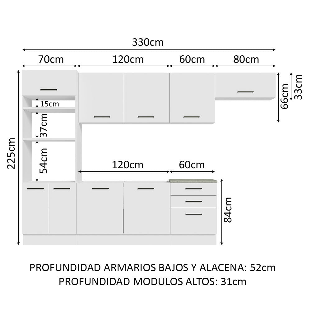 Cocina Integral Agata Blanco 330x225cm sin Mesón con Un Cajón para Cubiertos y sin Estufa - COCINAS | Bylmo