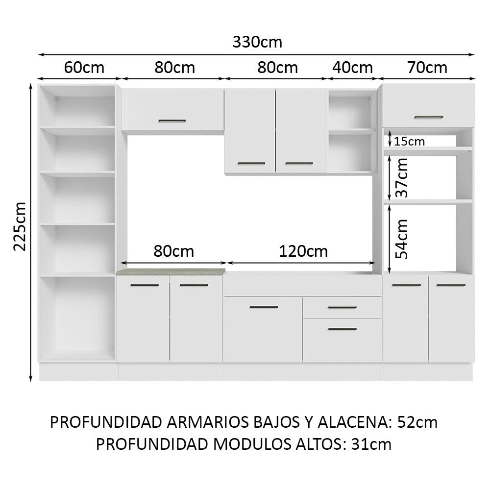 Cocina Integral Agata Blanco 330x225cm sin Mesón y sin Estufa - COCINAS | Bylmo