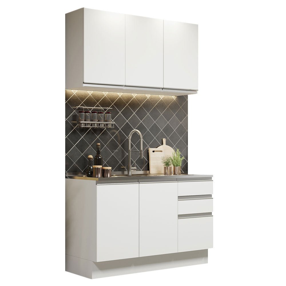 Cocina Integral Glamy Blanco 120x225cm con Mesón de Acero Inoxidable con Dos Muebles Superiores y sin Estufa - COCINAS | Bylmo