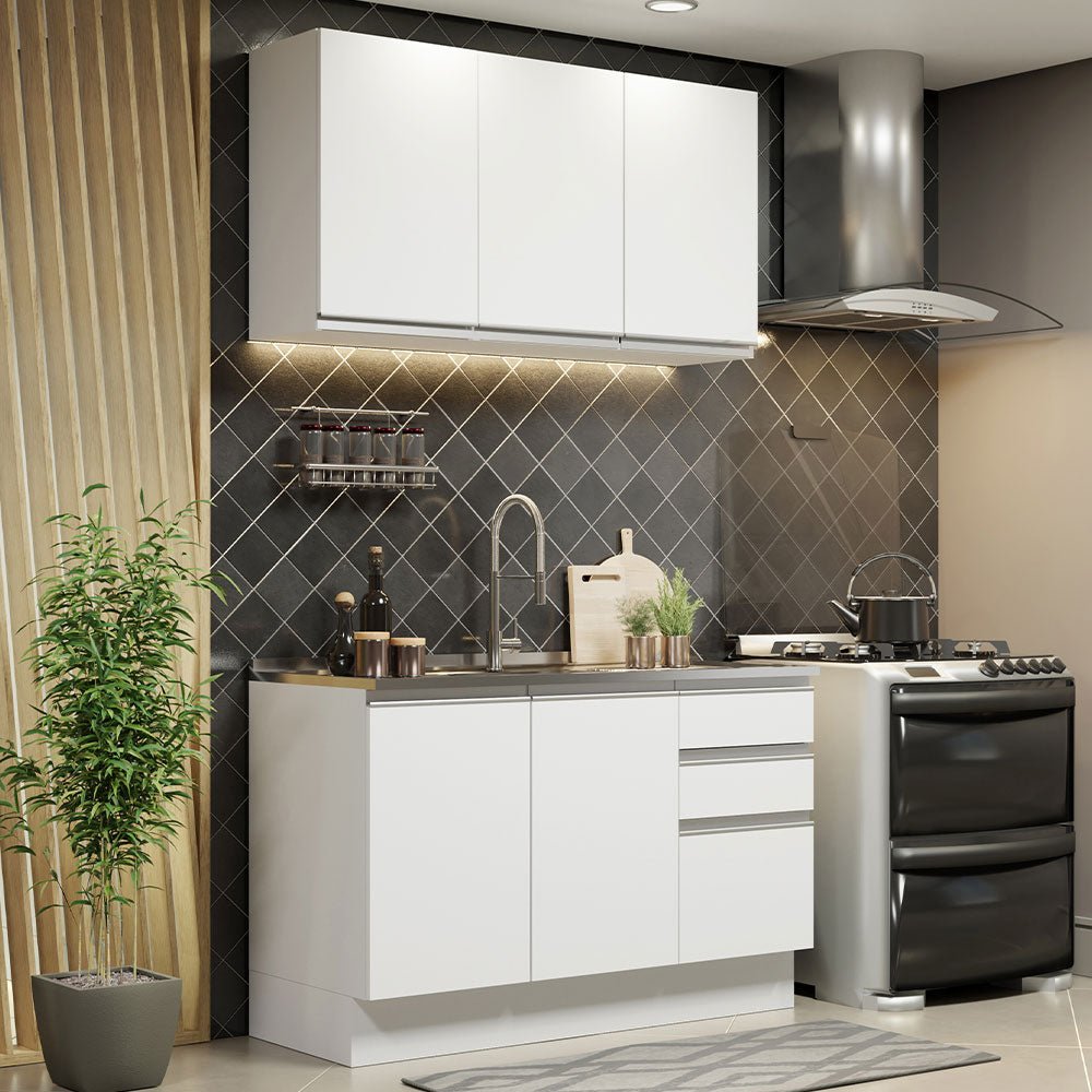 Cocina Integral Glamy Blanco 120x225cm con Mesón de Acero Inoxidable con Dos Muebles Superiores y sin Estufa - COCINAS | Bylmo