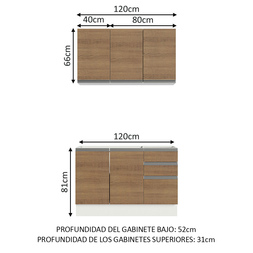 Cocina Integral Glamy Marron 120x225cm con Mesón de Acero Inoxidable con Dos Muebles Superiores y sin Estufa - COCINAS | Bylmo