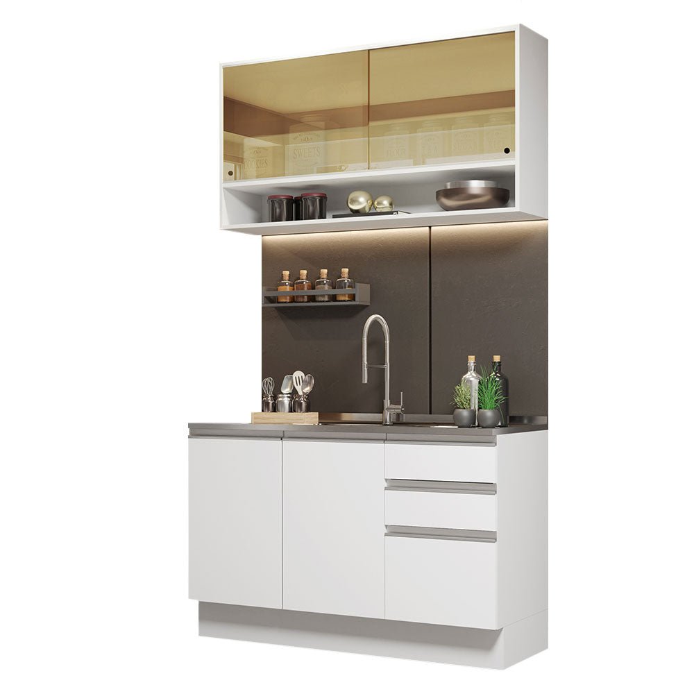 Cocina Integral Glamy Blanco 120x225cm con Mesón de Acero Inoxidable con Cinco Entrepaños y sin Estufa - COCINAS | Bylmo