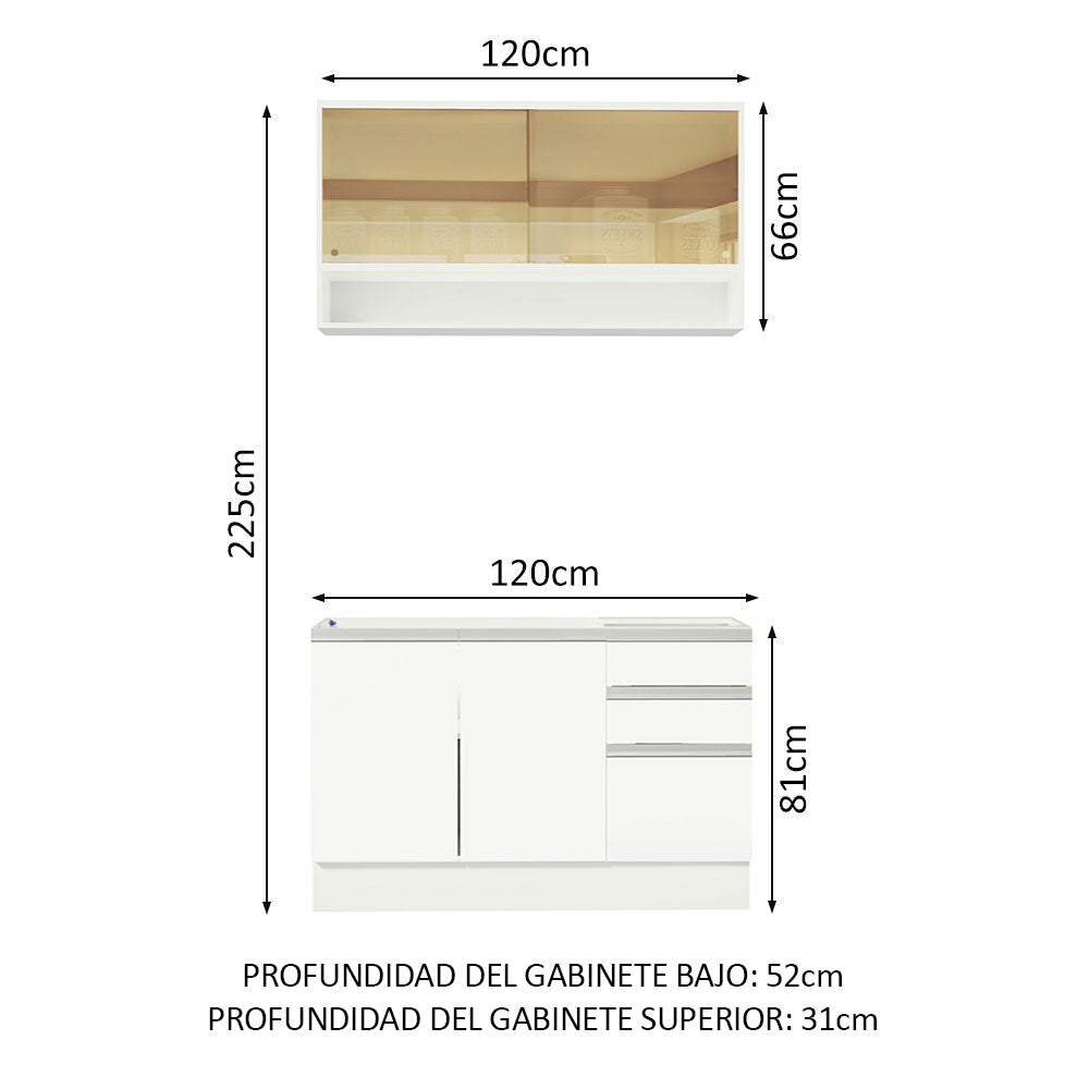 Cocina Integral Glamy Blanco 120x225cm con Mesón de Acero Inoxidable con Cinco Entrepaños y sin Estufa - COCINAS | Bylmo