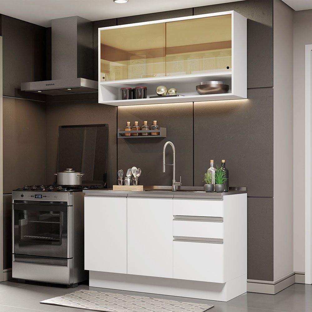 Cocina Integral Glamy Blanco 120x225cm con Mesón de Acero Inoxidable con Cinco Entrepaños y sin Estufa - COCINAS | Bylmo