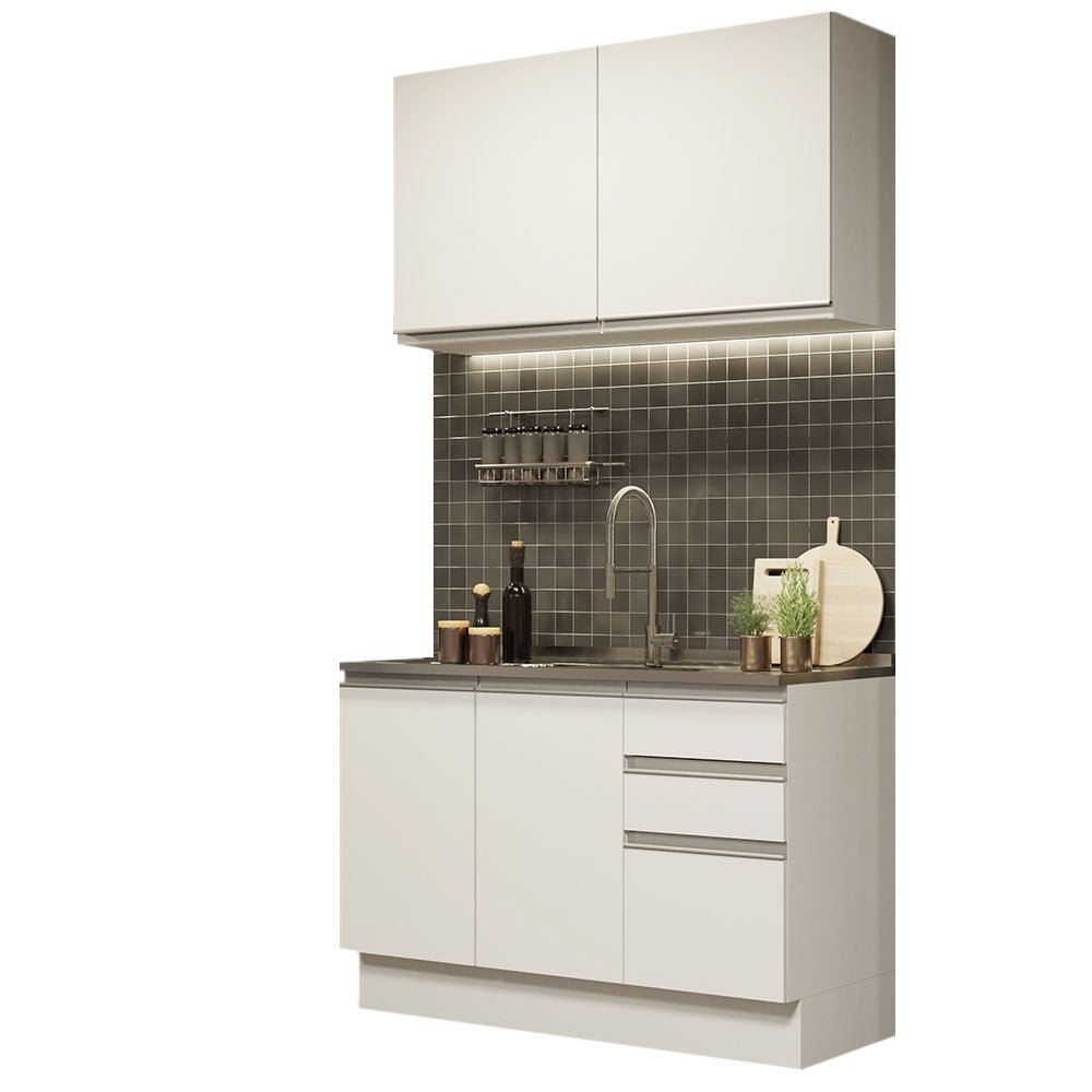 Cocina Integral Glamy Blanco 120x225cm con Mesón de Acero Inoxidable y sin Estufa - COCINAS | Bylmo