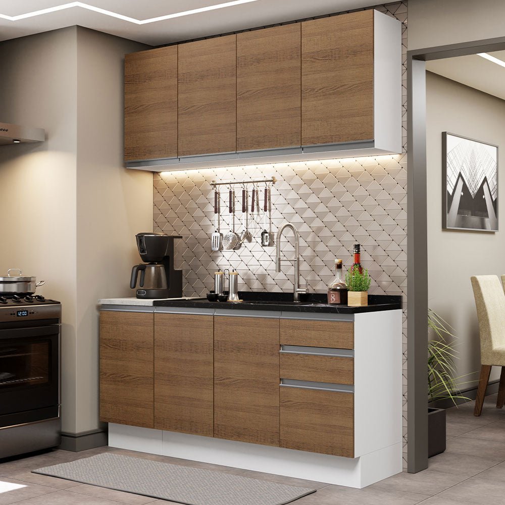 Cocina Integral Glamy Marron 160x225cm con Mesón de Acero Inoxidable con Tres Cajones y sin Estufa - COCINAS | Bylmo