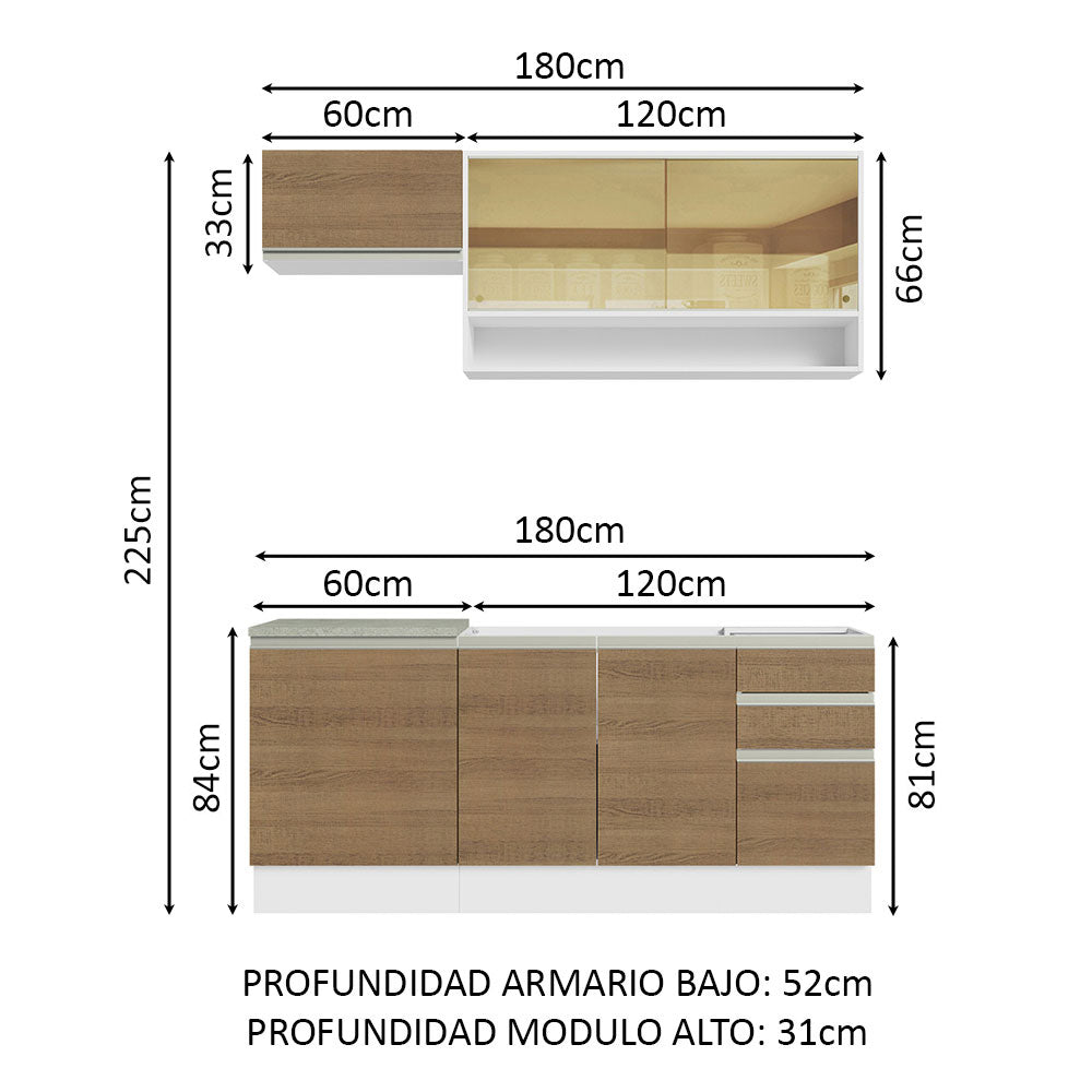 Cocina Integral Glamy Marron 180x225cm sin Mesón con Diez Entrepaños y sin Estufa - COCINAS | Bylmo