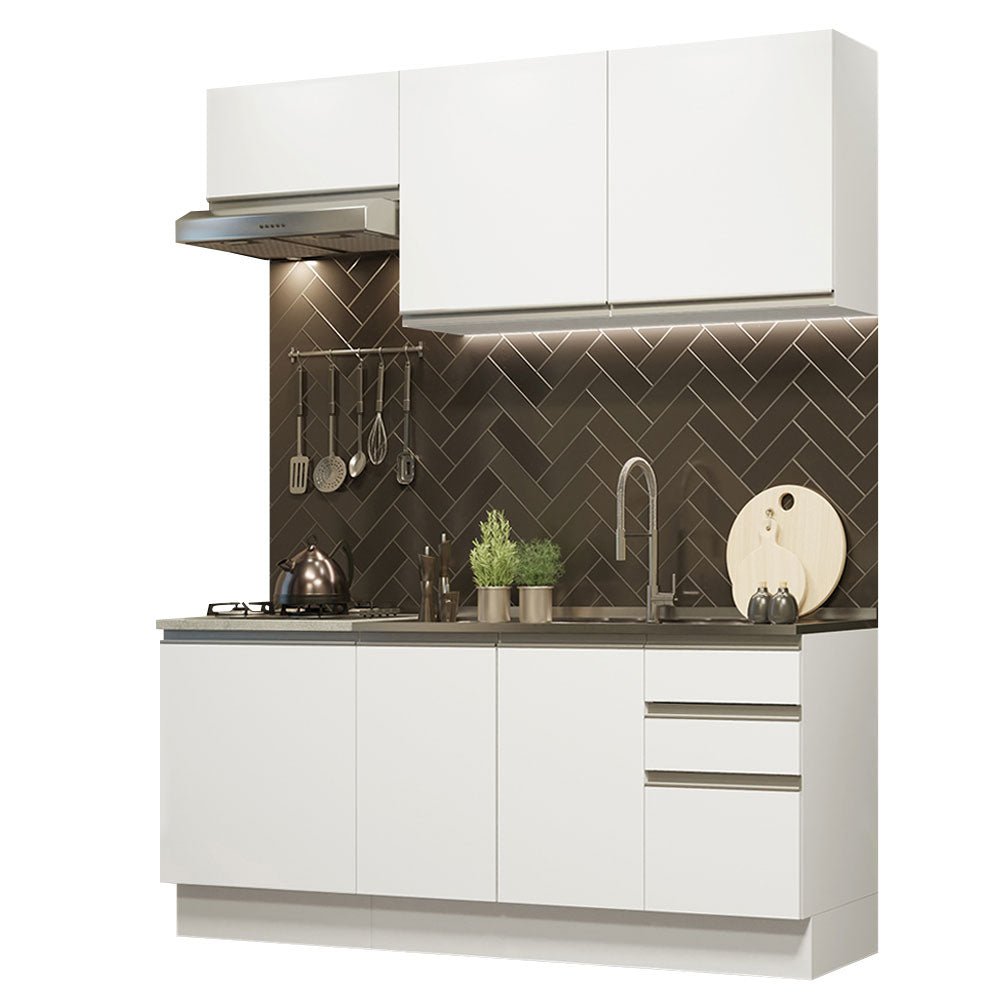 Cocina Integral Glamy Blanco 180x225cm con Mesón de Acero Inoxidable con Nueve Entrepaños y sin Estufa - COCINAS | Bylmo
