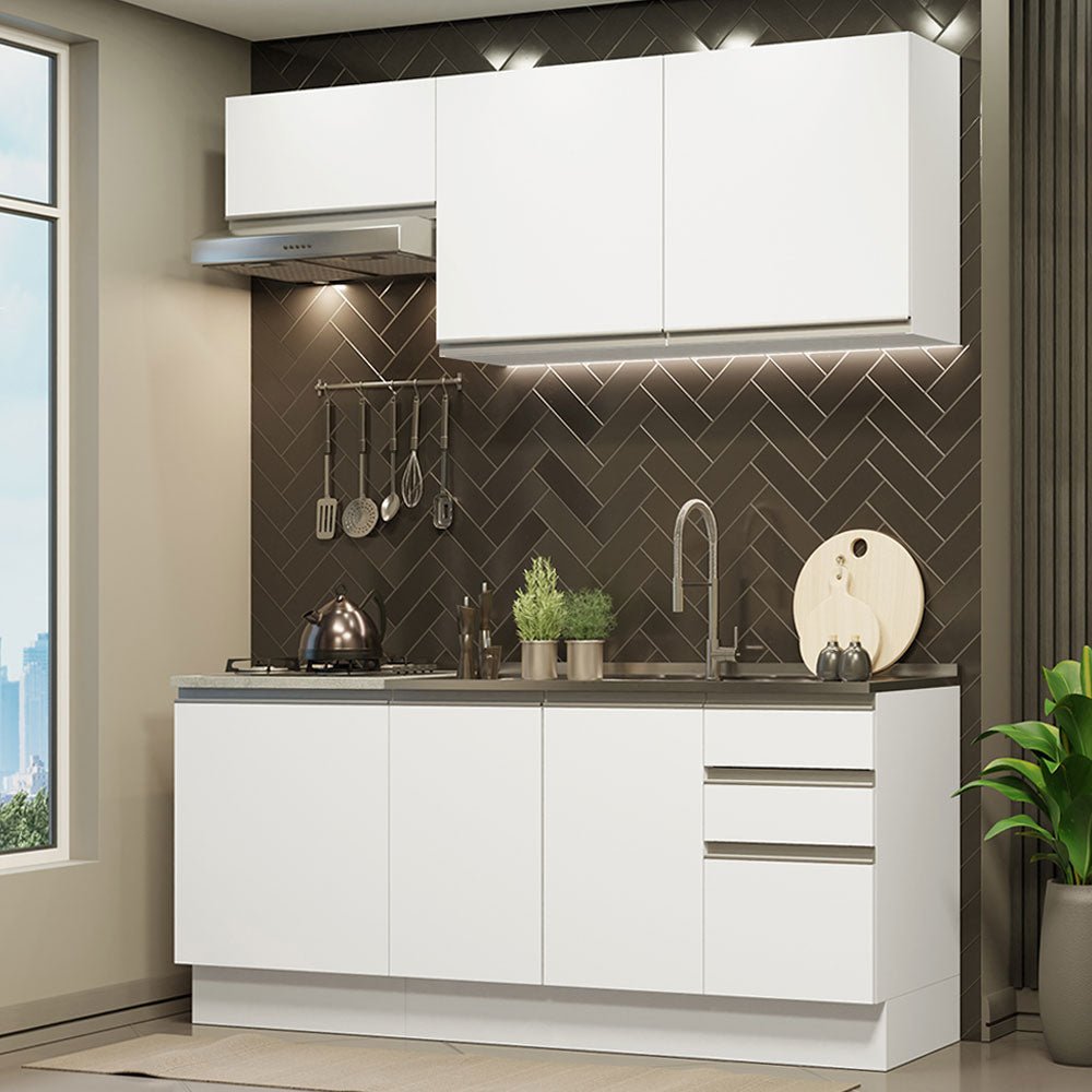 Cocina Integral Glamy Blanco 180x225cm con Mesón de Acero Inoxidable con Nueve Entrepaños y sin Estufa - COCINAS | Bylmo