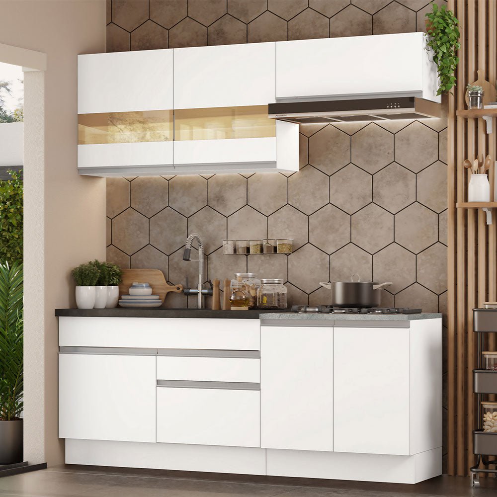 Cocina Integral Glamy Blanco 200x225cm sin Mesón con Dos Cajones y sin Estufa - COCINAS | Bylmo
