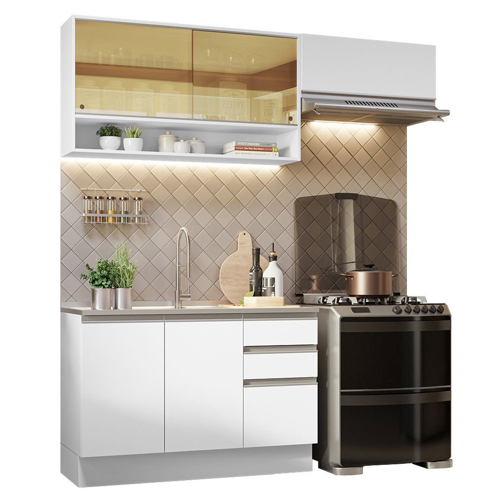 Cocina Integral Glamy Blanco 200x225cm sin Mesón con Tres Cajones y sin Estufa - COCINAS | Bylmo