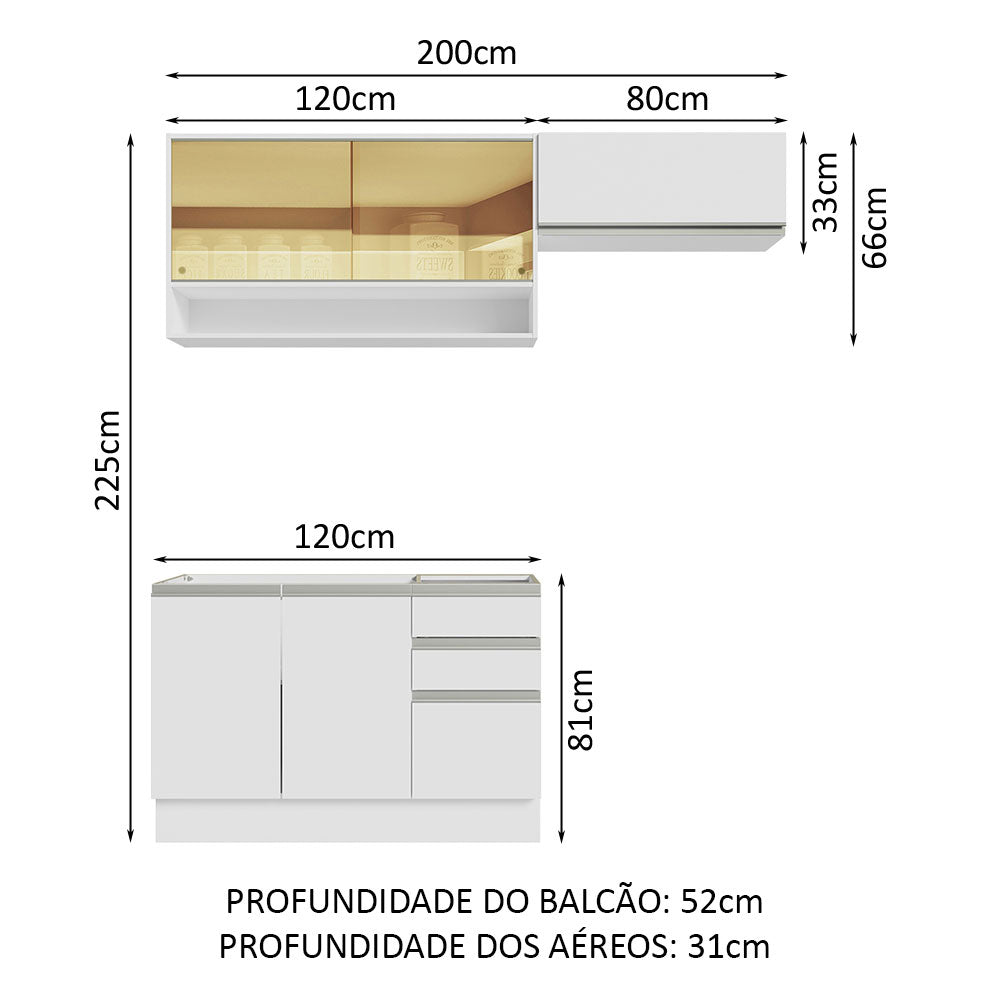 Cocina Integral Glamy Blanco 200x225cm sin Mesón con Tres Cajones y sin Estufa - COCINAS | Bylmo