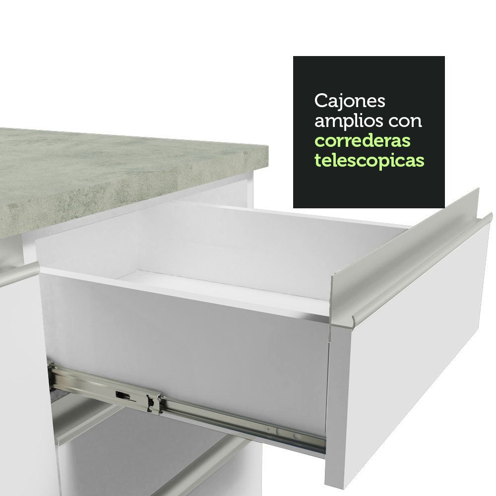Cocina Integral Glamy Blanco 200x225cm con Mesón de Acero Inoxidable con Cuatro Entrepaños y sin Estufa - COCINAS | Bylmo