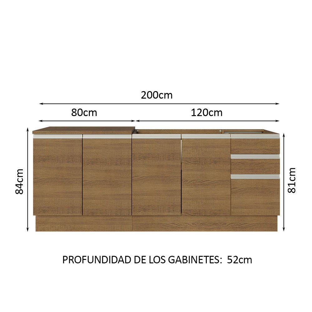 Cocina Integral Glamy Marron 200x225cm con Mesón de Acero Inoxidable con Cuatro Entrepaños y sin Estufa - COCINAS | Bylmo