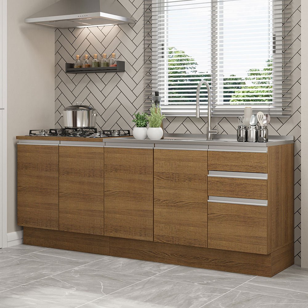 Cocina Integral Glamy Marron 200x225cm con Mesón de Acero Inoxidable con Cuatro Entrepaños y sin Estufa - COCINAS | Bylmo