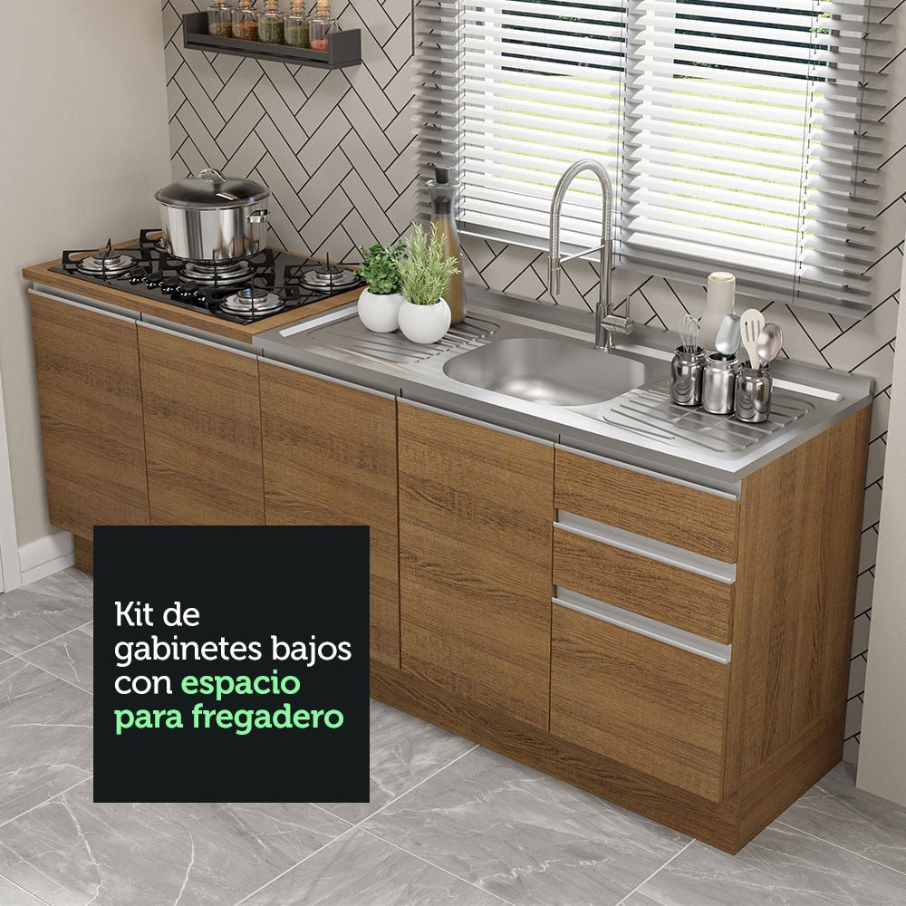 Cocina Integral Glamy Marron 200x225cm con Mesón de Acero Inoxidable con Cuatro Entrepaños y sin Estufa - COCINAS | Bylmo