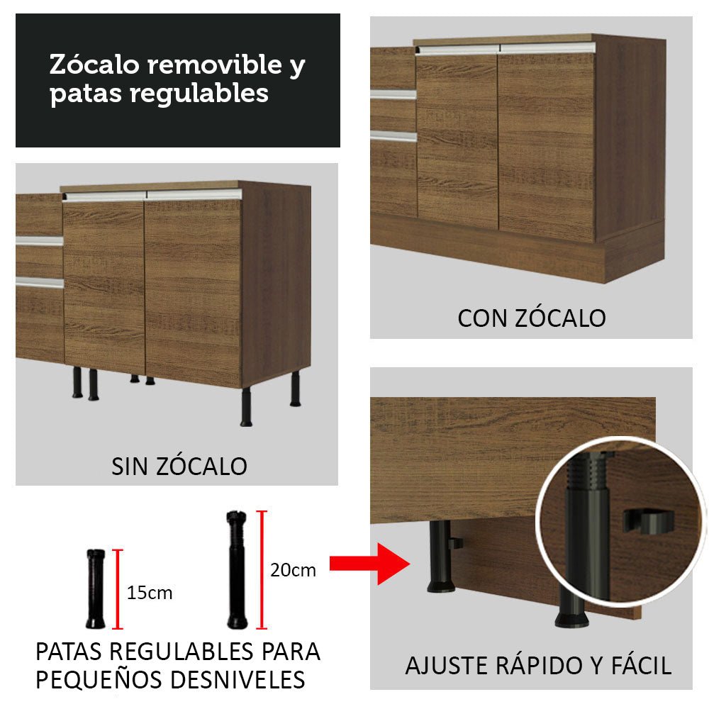 Cocina Integral Glamy Marron 200x225cm con Mesón de Acero Inoxidable con Cuatro Entrepaños y sin Estufa - COCINAS | Bylmo