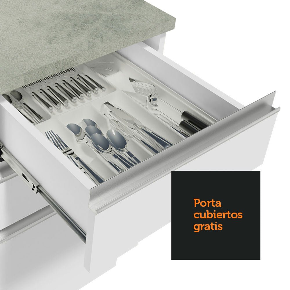 Cocina Integral Glamy Blanco 240x225cm con Mesón de Acero Inoxidable y sin Estufa - COCINAS | Bylmo