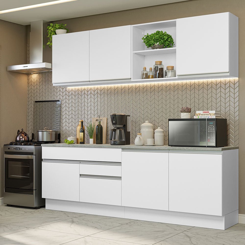 Cocina Integral Glamy Blanco 240x225cm con Mesón de Madera y sin Estufa - COCINAS | Bylmo