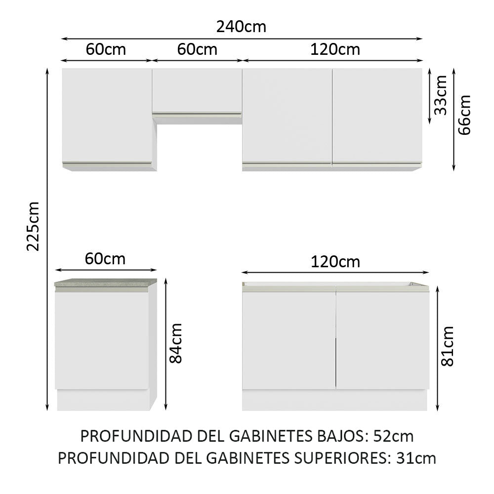 Cocina Integral Glamy Blanco 240x225cm sin Mesón con Siete Puertas y sin Estufa - COCINAS | Bylmo