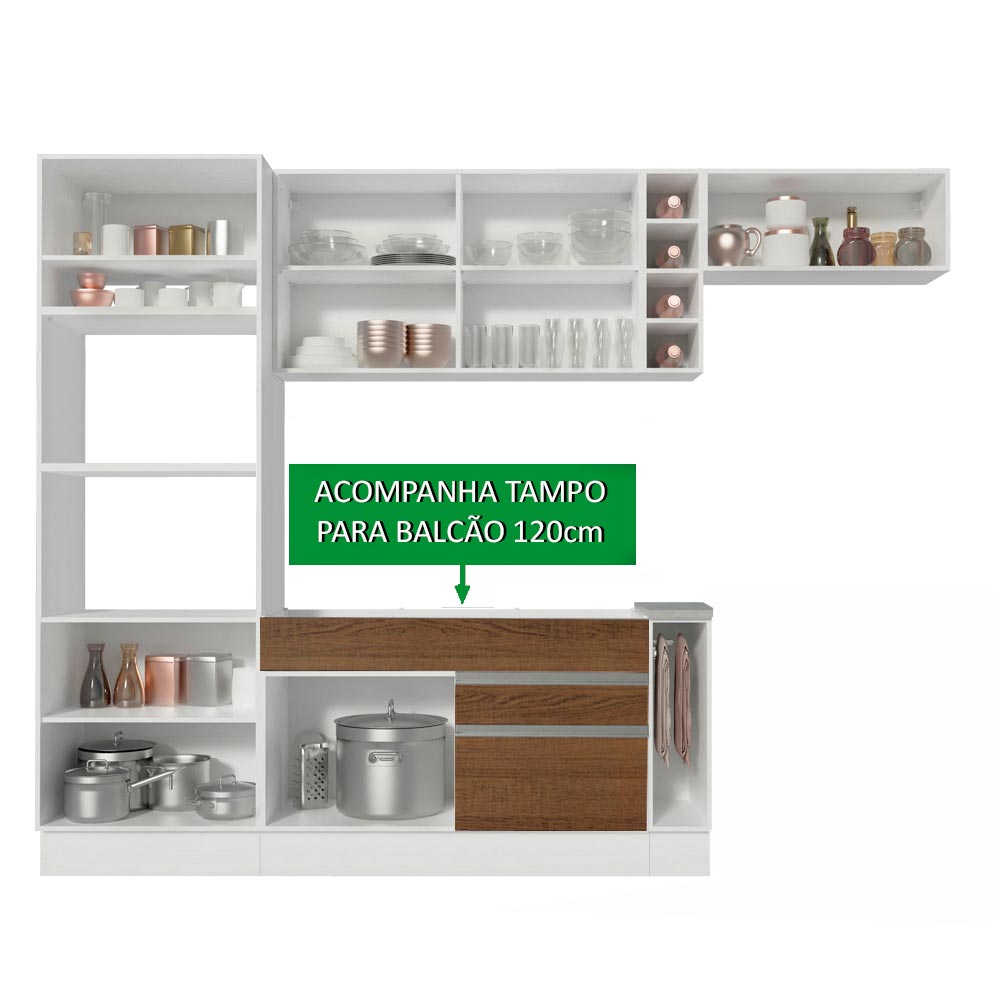 Cocina Integral Safira Blanco 290x225cm con Mesón de Madera y sin Estufa - COCINAS | Bylmo