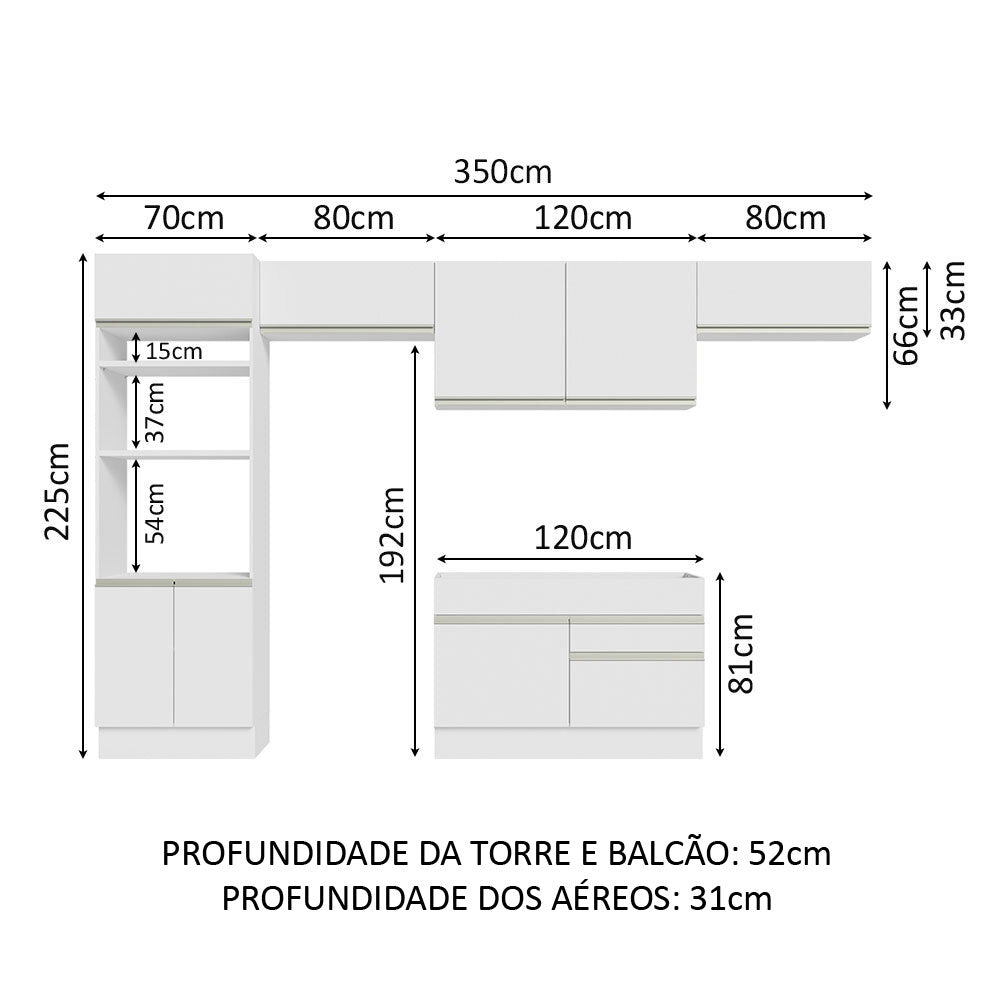 Cocina Integral Glamy Blanco 350x225cm sin Mesón y sin Estufa - COCINAS | Bylmo