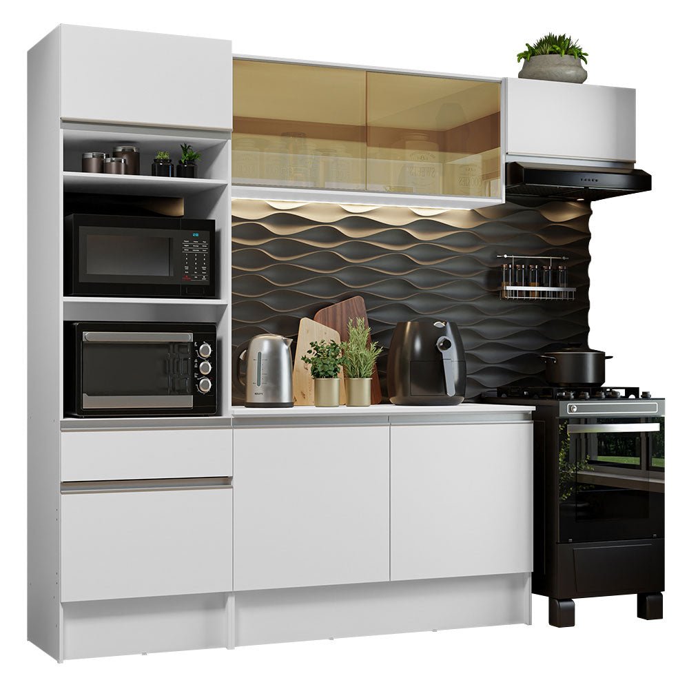 Cocina Integral Diamante Blanco 240x210cm con Mesón de Madera con Once Entrepaños y sin Estufa - COCINAS | Bylmo