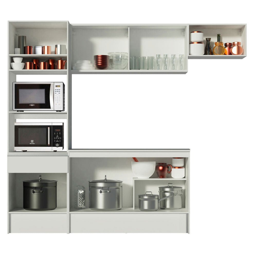 Cocina Integral Diamante Blanco 240x210cm con Mesón de Madera con Once Entrepaños y sin Estufa - COCINAS | Bylmo