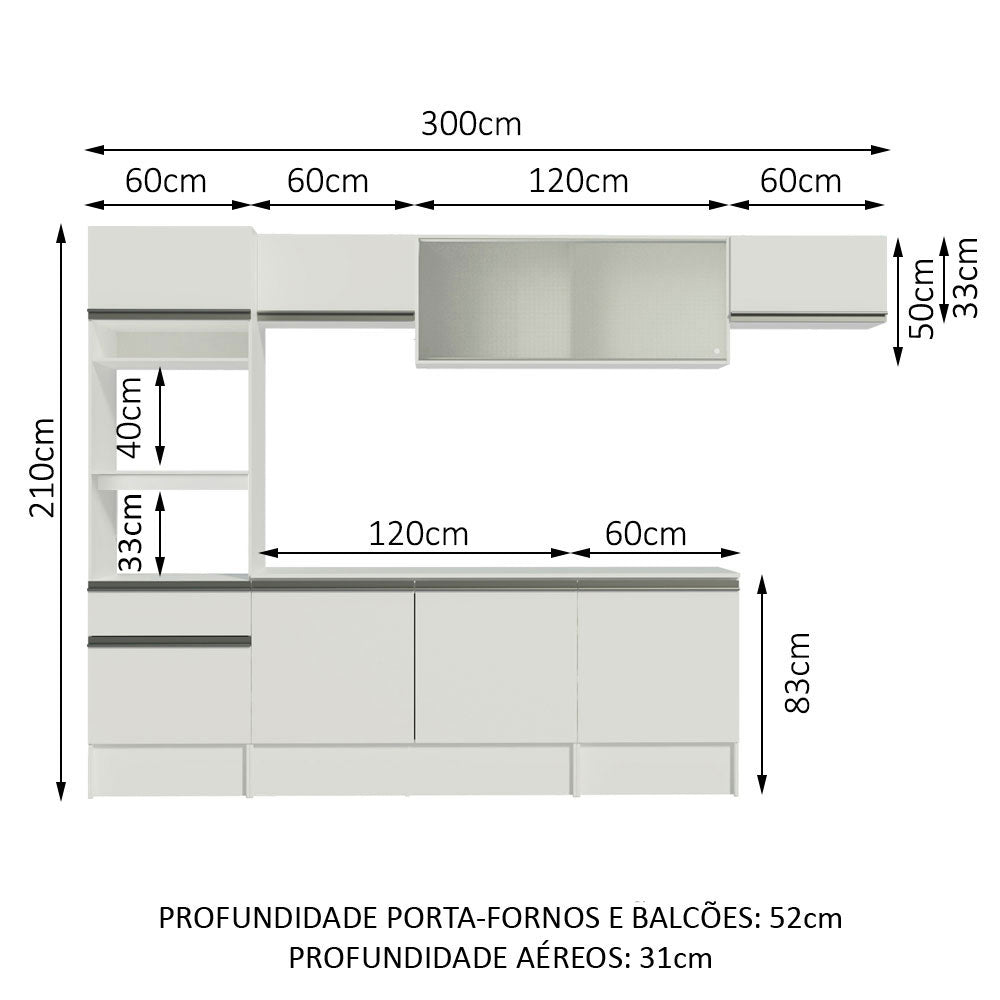 Cocina Integral Topazio Blanco 300x210cm con Mesón de Madera y sin Estufa - COCINAS | Bylmo