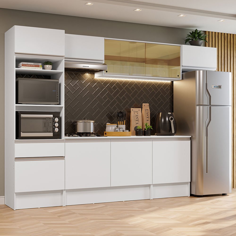 Cocina Integral Diamante Blanco 300x210cm con Mesón de Madera y sin Estufa - COCINAS | Bylmo