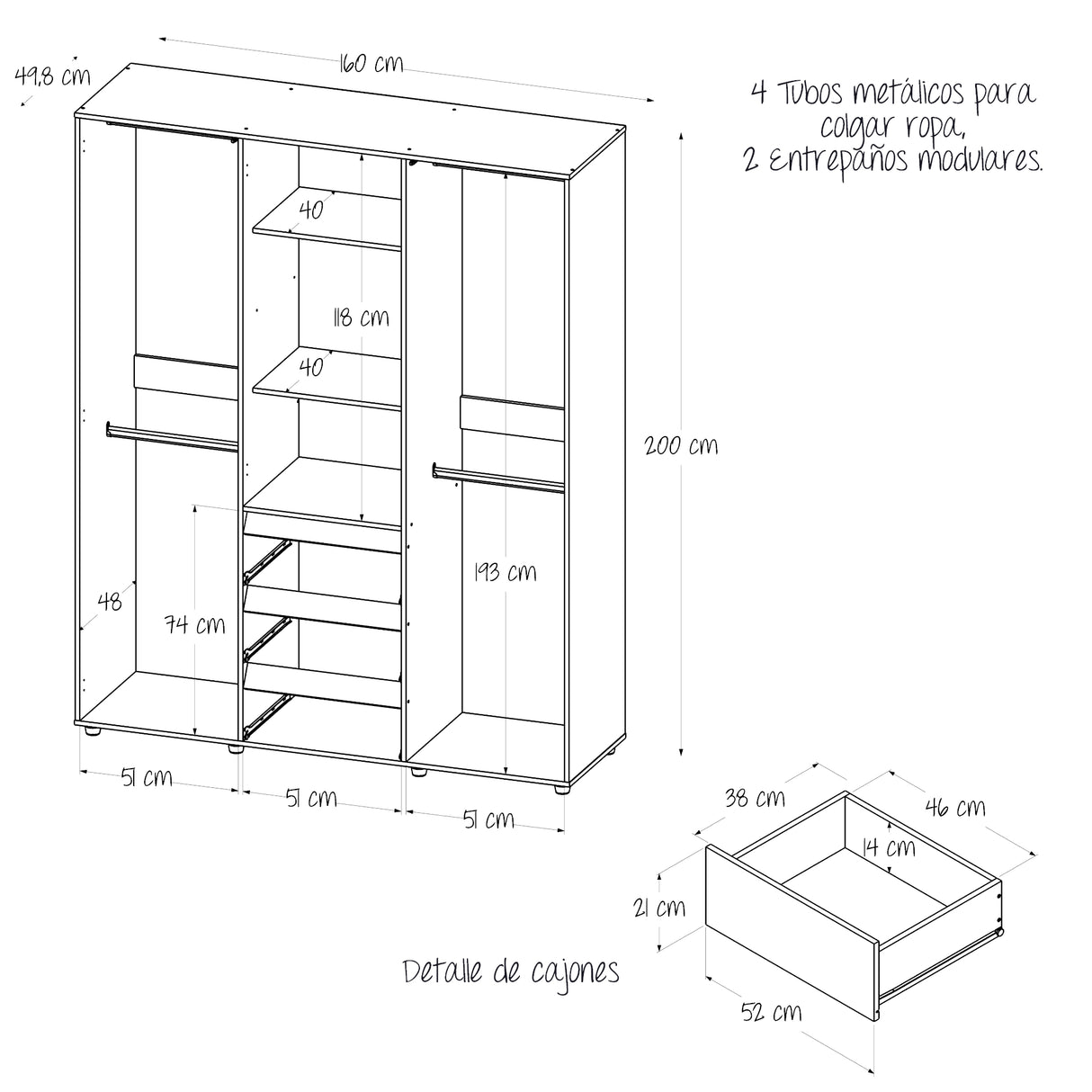 Closet Java Gales y Wengue 160x200cm con Tres Cajones y con Espejo - CLOSETS | Bylmo